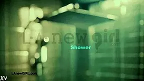 The aspiring teen model stepped into the shower after her photoshoot session on the sofa.