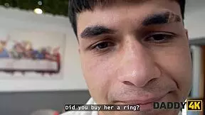 Slutty Czech babe cheats on boyfriend with old daddy for wedding ring by sucking and riding shaved pussy on his cock