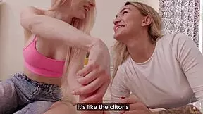 Cute girls debate handjob vs blowjob while making guy cum.