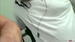 German teen gives blowjob to two guys in stairwell