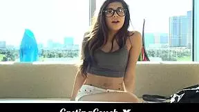 The teen 18+ with glasses auditions for porn on the casting couch