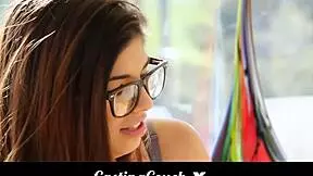 The teen 18+ with glasses auditions for porn on the casting couch