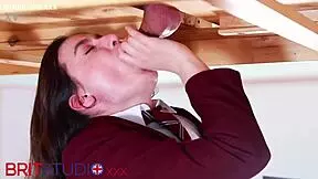 Naughty uniformed ellie milks cock at milking table cum facial