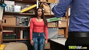 Cute Brunette Shoplifter With Small Tits Gets Rough Blowjob And Doggy Fuck On The Desk