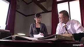 Petite Japanese teen secretary seduces old guy to suck his fat cock in POV.