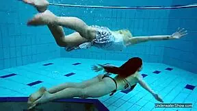Look At These Two Hot Lesbians In The Pool, Shaved And Sexy With Natural Tits Underwater!