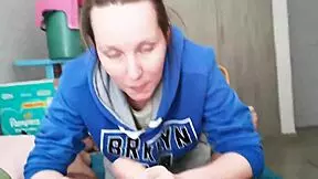 brunette in hoodie sucking cock and swallowing huge cum load