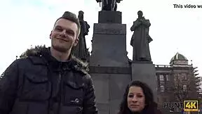 Jocelyne Z says, 'I'll let you fuck my shaved pussy for money.' The busty brunette agrees in Hunt4k