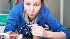 brunette in hoodie sucking cock and swallowing huge cum load
