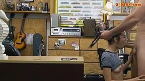 Slim teen drilled hard by pawnshop owner in POV.