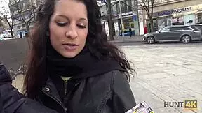 Jocelyne Z says, 'I'll let you fuck my shaved pussy for money.' The busty brunette agrees in Hunt4k