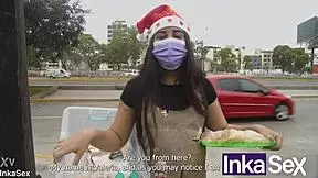 Petite Latina stepsister receives a huge cock as her Christmas gift on Christmas Eve.