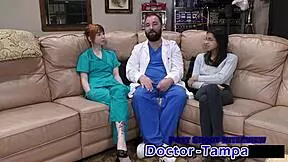 Ditria Rose undergoes her first gynecological examination with Dr. Tampa in a hospital setting, focusing on patient care and close-up details.