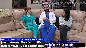 Ditria Rose undergoes her first gynecological examination with Dr. Tampa in a hospital setting, focusing on patient care and close-up details.