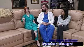 Ditria Rose undergoes her first gynecological examination with Dr. Tampa in a hospital setting, focusing on patient care and close-up details.
