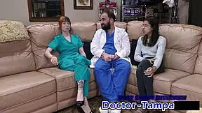 Ditria Rose undergoes her first gynecological examination with Dr. Tampa in a hospital setting, focusing on patient care and close-up details.