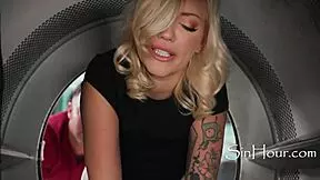 Stuck blonde girl with natural tits and tattoos takes any help to escape!