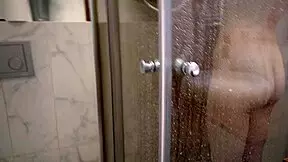 Feeling so excited sneaking into the bathroom for a blowjob from our sexy brunette babysitter while she showers