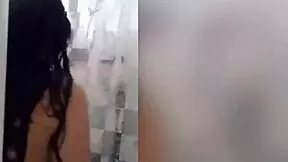 cute latina showering in webcam with tattoo and tits