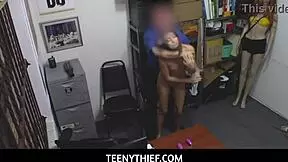 Teenythief Ava Eden Caught Shoplifting In Garage. Gets Punished With Facial And Handjob From American Guy.