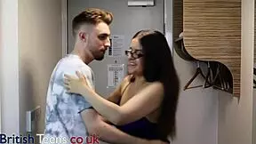 British 18 year old with big tits and glasses gives european handjob in lingerie to her young neighbor