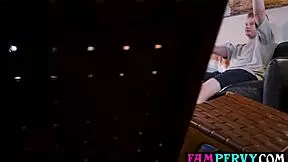 pervert teen 18+ blonde stepson sneaks on milf stepmom. he bends her over for doggystyle pounding with his monster cock