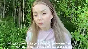 Naughty chick fucks in forest meadow and public places with shaved pussy blowjob