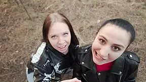 two hot chicks film each other with cock in forest and get huge facial reward