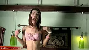 Super slim ladyboy feels aroused stripping out of lingerie and passionately fucking the eggplant with piercing