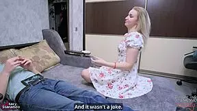 Blonde Babe Licks and Blows Nerd Stepbrother Cock with Cum in Mouth Swallow on Valentines Day