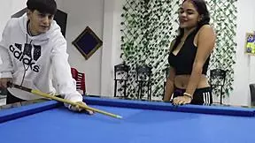 Hermanastro teaches billiards to his perverted latina stepsister and she gets so hot she asks to fuck on the table