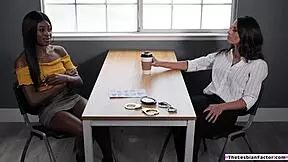 ebony lesbian dives into busty milf's hairy pussy for intense licking and face sitting in interracial action