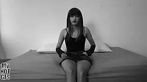 Gothic teen babe comes for her first porn casting and ends with creampie inside!