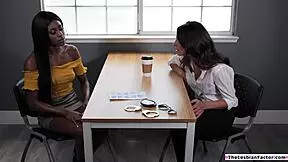 ebony lesbian dives into busty milf's hairy pussy for intense licking and face sitting in interracial action