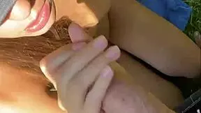 Teen babe gives deepthroat blowjob outdoors after yoga in pov with cumshot on tits