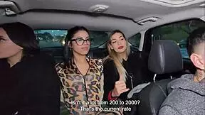 Uber driver gets lucky and handles three petite girls in outdoor public ride