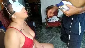 Teen 18+ plays taste game with old uncle, blindfolded, featuring big pussy lips and facial cum.