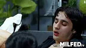 Hot stepmom helps her stepson feel better with cowgirl riding and blowjob, but I think she meant handjob