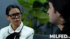 Hot stepmom helps her stepson feel better with cowgirl riding and blowjob, but I think she meant handjob