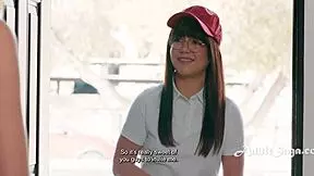 two hot tall lesbians dominate and fuck their petite delivery girl river lynn