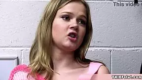 cute shoplifter coco says officer, i'll give you my tiny teen pussy if you let me go after catching me in the sex shop.