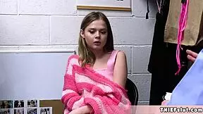 cute shoplifter coco says officer, i'll give you my tiny teen pussy if you let me go after catching me in the sex shop.