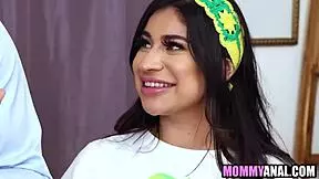 Stepmom and stepdaughter surprise stepdad with anal, old and young mix