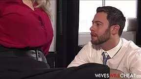 Old cougar fucks employee to save job, licking big tits?