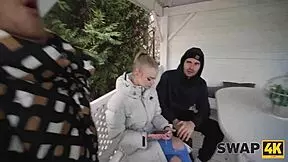 young couple lures a girl into threesome pounding while her boyfriend watches the action unfold