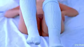 gorgeous babe contrasts wet shaved pussy with glass dildo masturbation in stockings