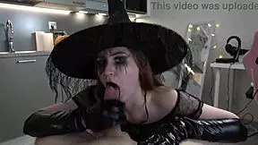 Redhead teen slut sucks monster cock and gets facial cum in goth Halloween costume parody