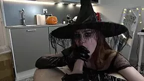 Redhead teen slut sucks monster cock and gets facial cum in goth Halloween costume parody