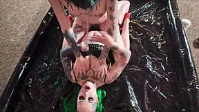 At the college party, the skinny European submissive begs her mistress for a rough strapon fuck