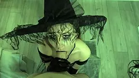 Redhead teen slut sucks monster cock and gets facial cum in goth Halloween costume parody